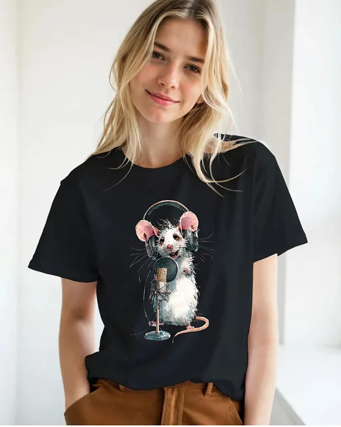 Hand-drawn black and white rat t-shirt — Podcast Host Rat Tee — view 8