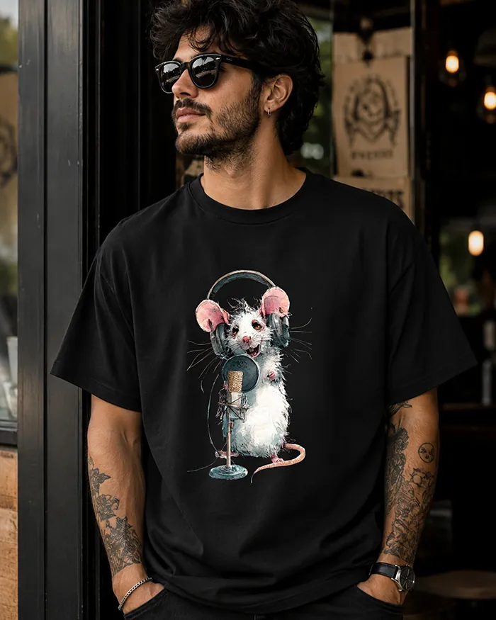 Hand-drawn black and white rat t-shirt — Podcast Host Rat Tee — view 9