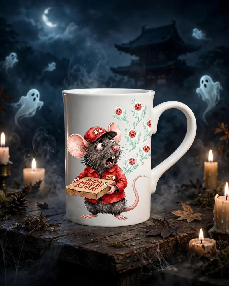 Funny Halloween Pizza Porcelain Mug — hand-drawn rat design