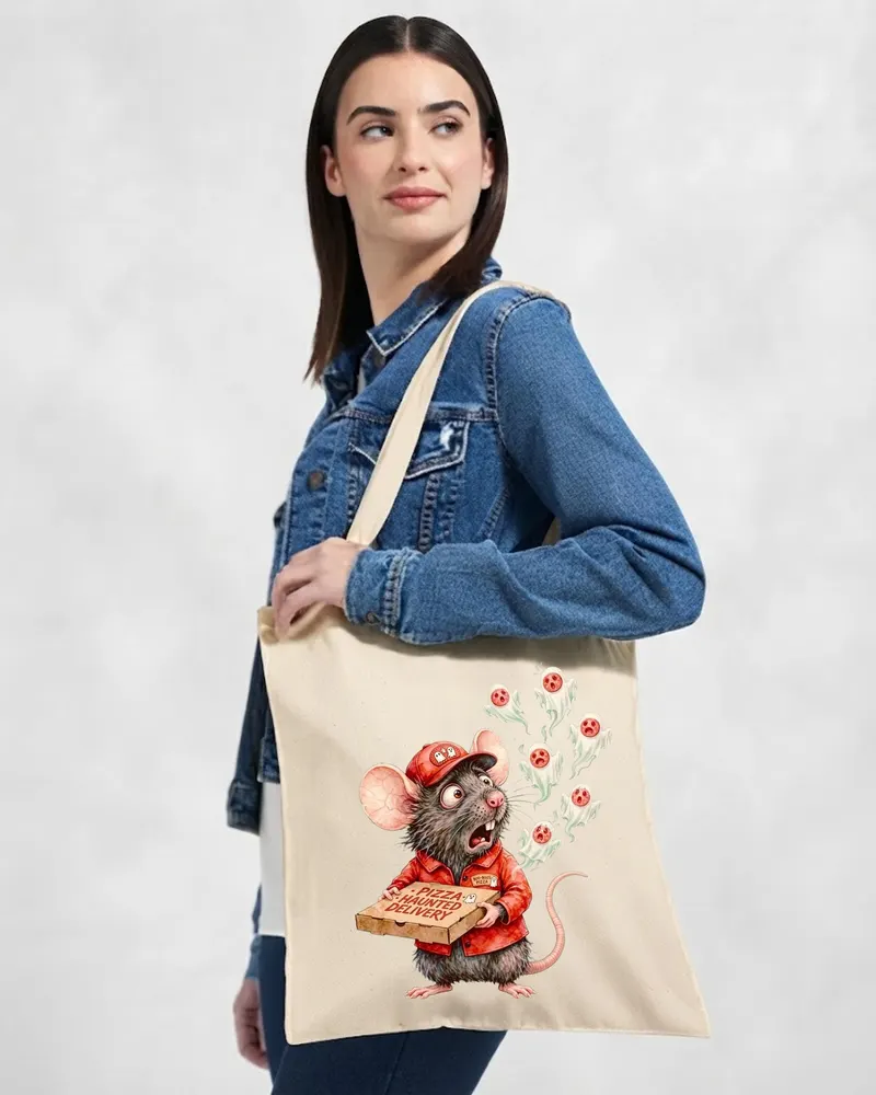 Funny Halloween Pizza Tote Bag — hand-drawn rat design