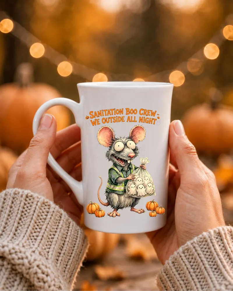 Funny Sanitation Worker Halloween Mug — hand-drawn rat design