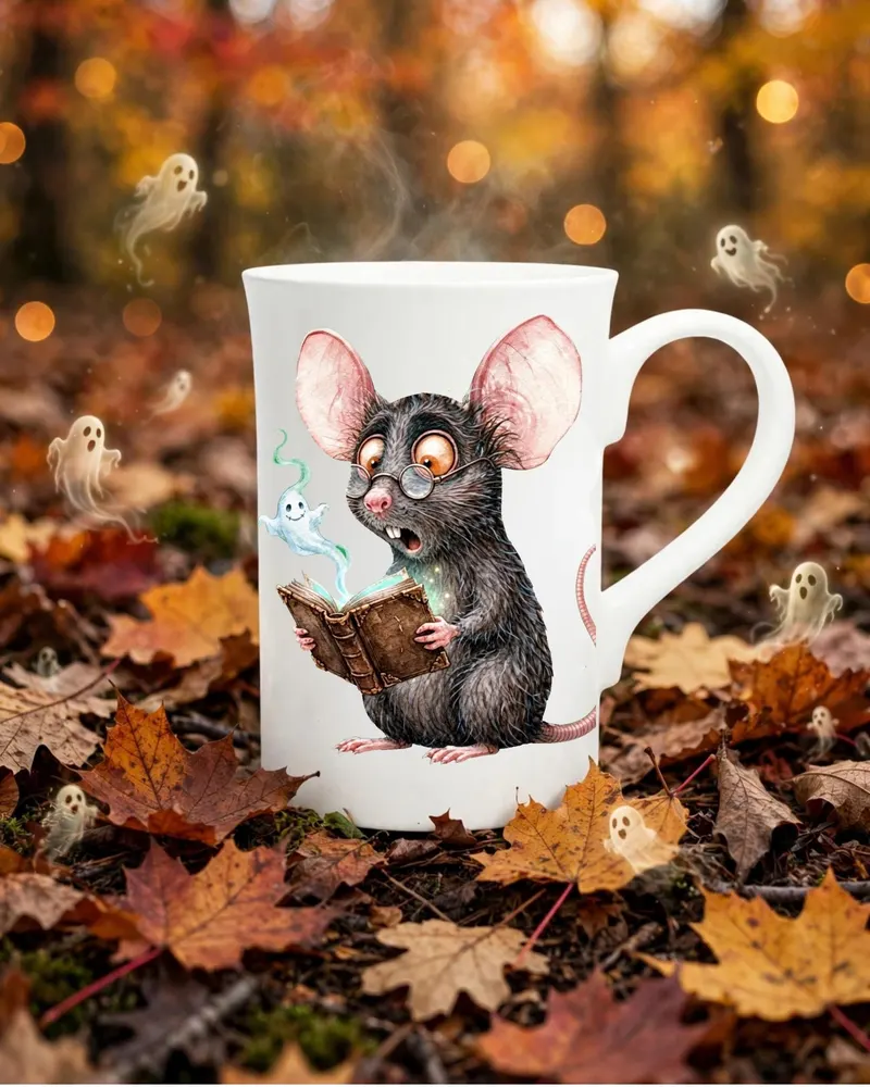 Halloween Book Lover Mug — hand-drawn rat design