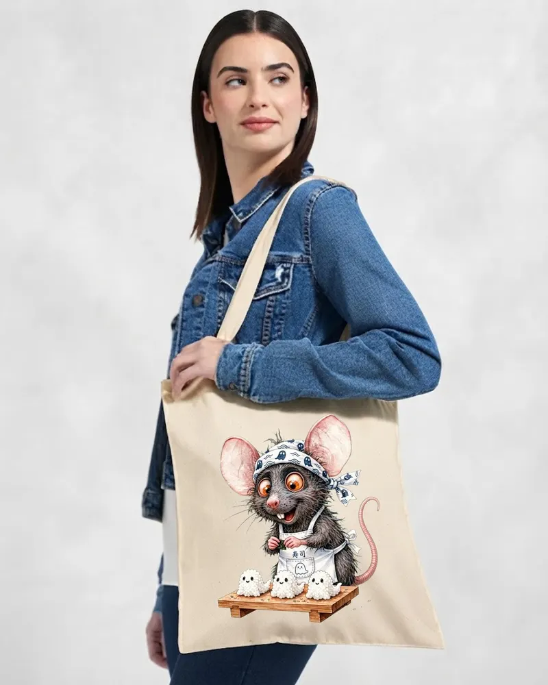 Halloween Sushi Rat Tote Bag — hand-drawn rat design