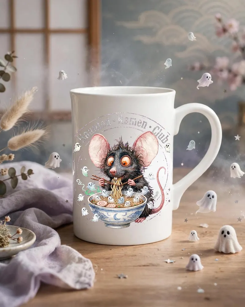 Haunted Ramen Club Mug — hand-drawn rat design