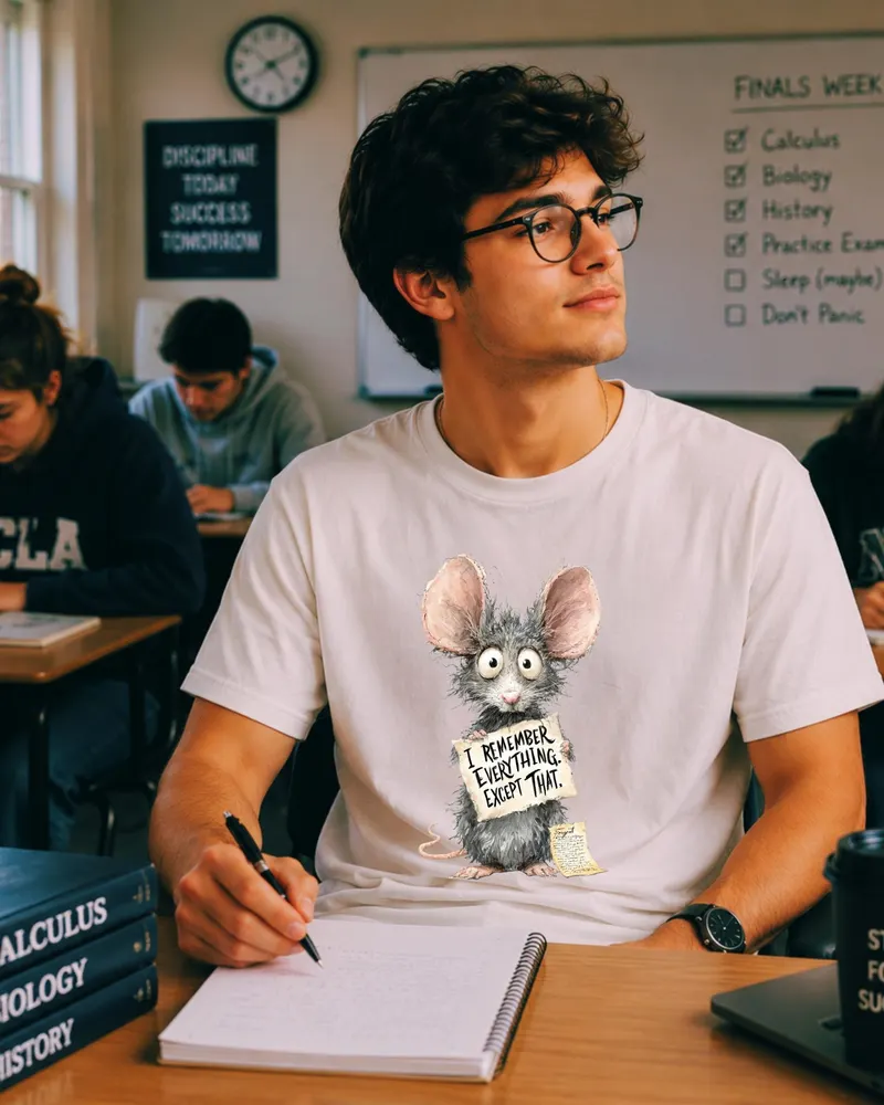 Forgetful Rat Tee — hand-drawn rat design