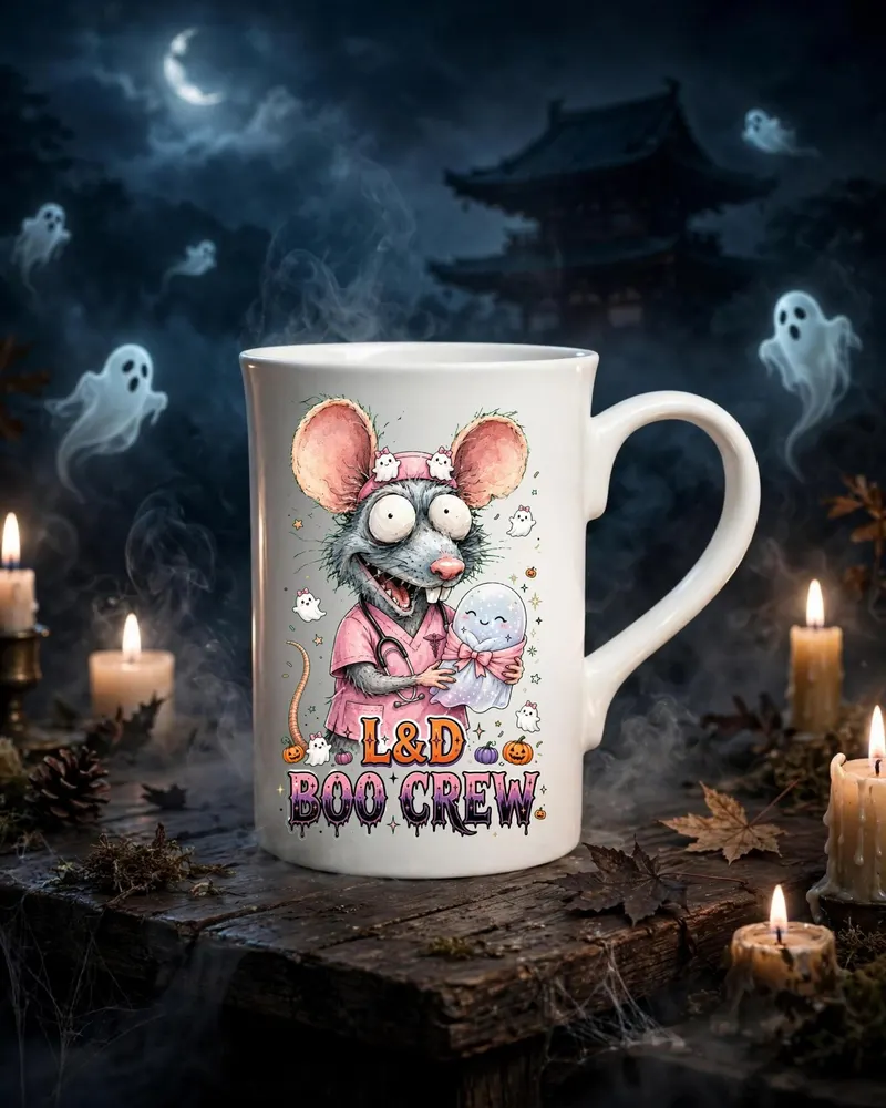 L&D Boo Crew Halloween Porcelain Mug — hand-drawn rat design