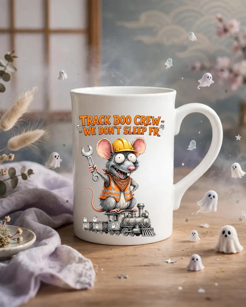 Railroad Worker Halloween Porcelain Mug — hand-drawn rat design