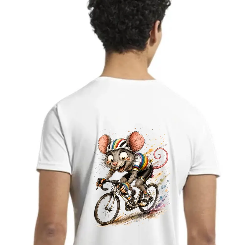 Rainbow Jersey Tee — hand-drawn rat design