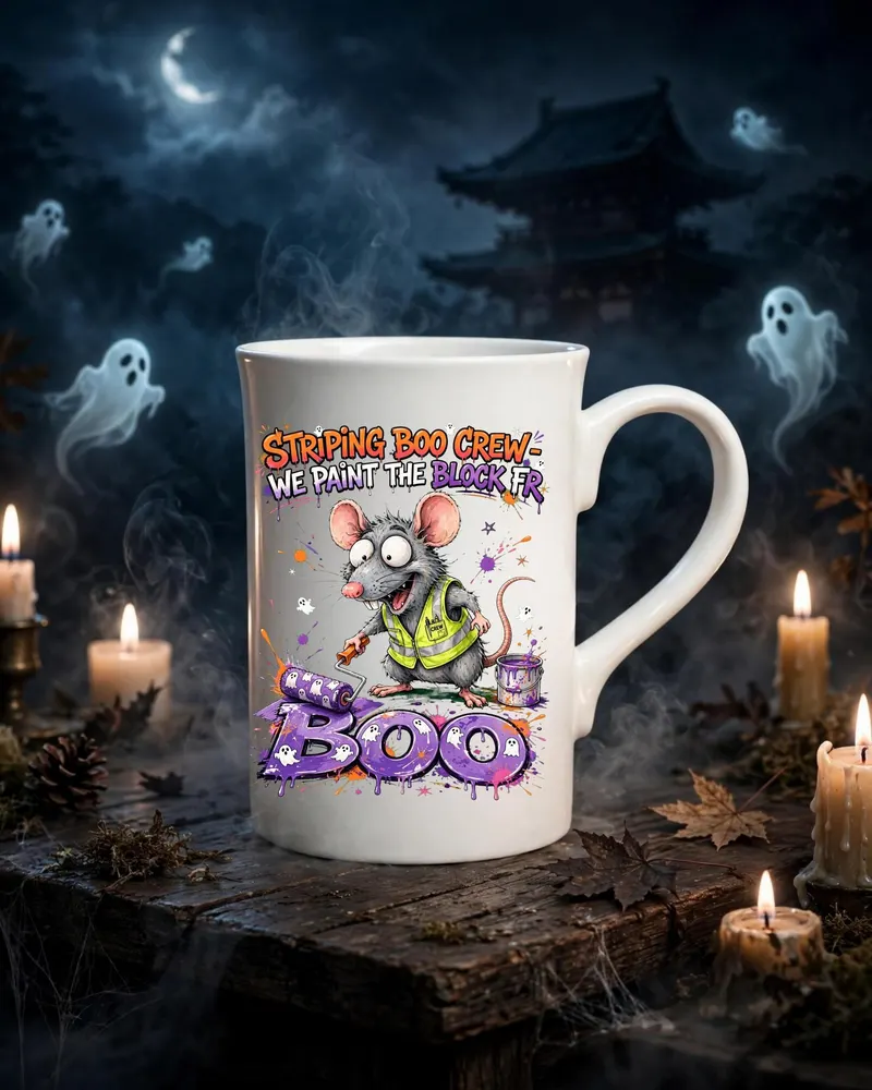 Road Striping Halloween Mug — hand-drawn rat design by ArtDesignByNora