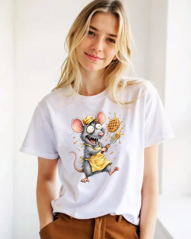 Scattered Smothered Covered & Unhinged Waffle Cook Rat T-shirt — hand-drawn rat design