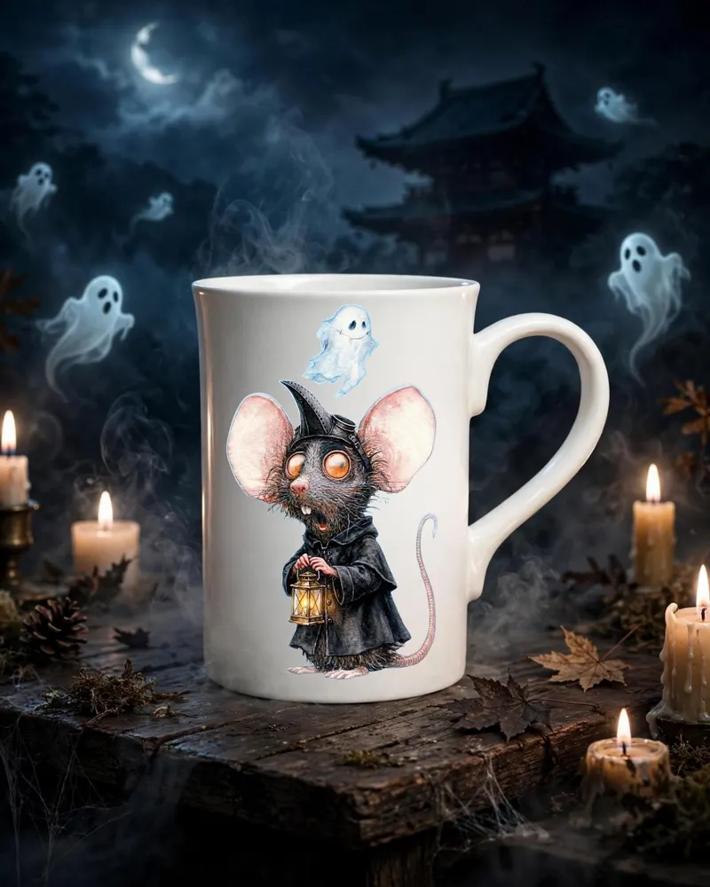 Spooky Mouse Halloween Mug — hand-drawn rat design by ArtDesignByNora