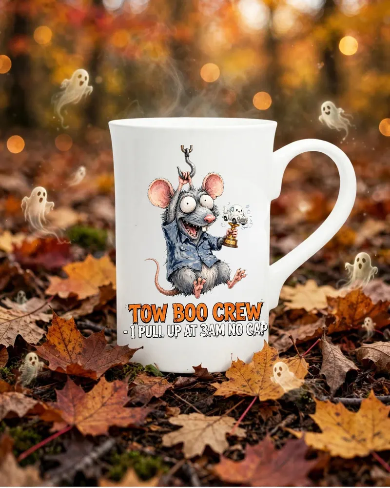 Tow Truck Halloween Mug — hand-drawn rat design