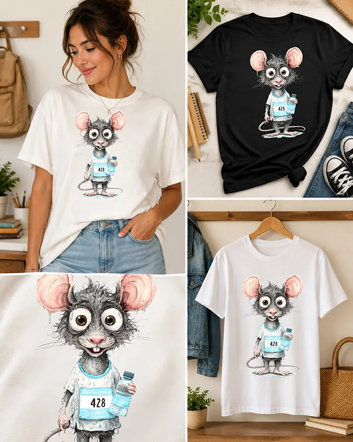Hand-drawn black and white rat t-shirt β Marathon Runner Rat Tee β view 4