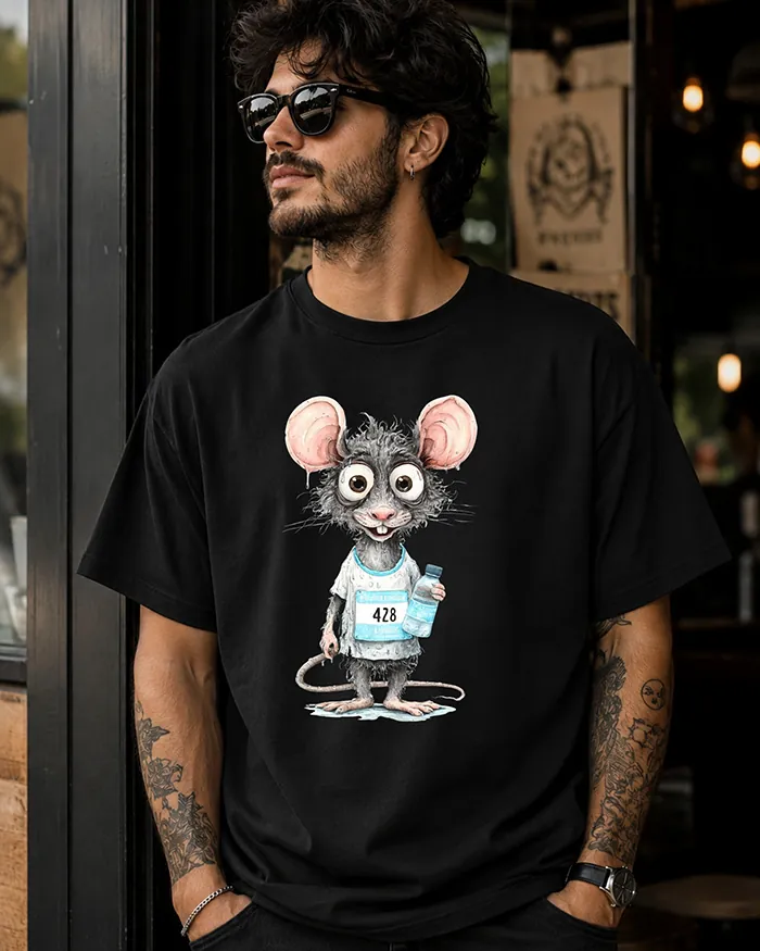 Hand-drawn black and white rat t-shirt β Marathon Runner Rat Tee β view 9