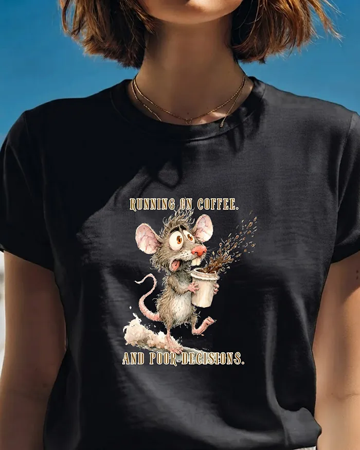 Hand-drawn black and white rat t-shirt β "Running on Coffee. And Poor Decisions." Rat Tee β view 2
