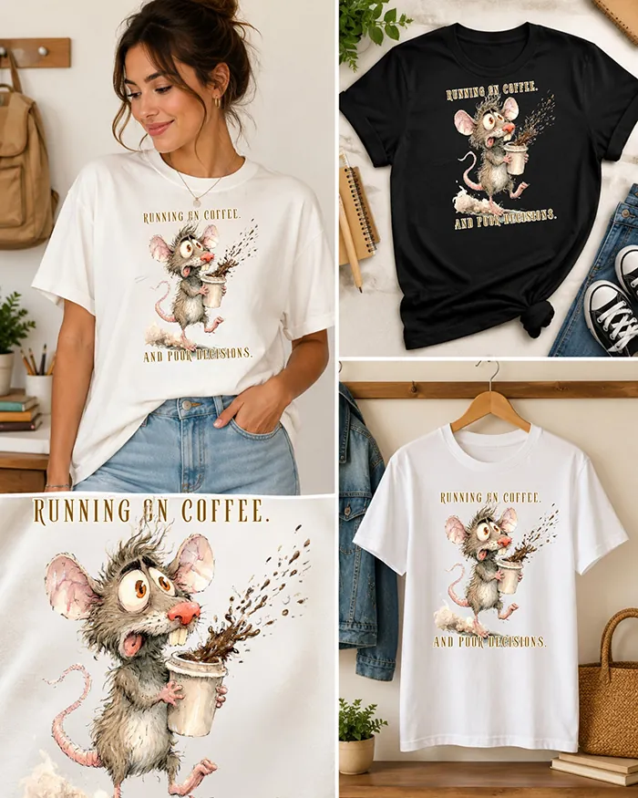 Hand-drawn black and white rat t-shirt β "Running on Coffee. And Poor Decisions." Rat Tee β view 3