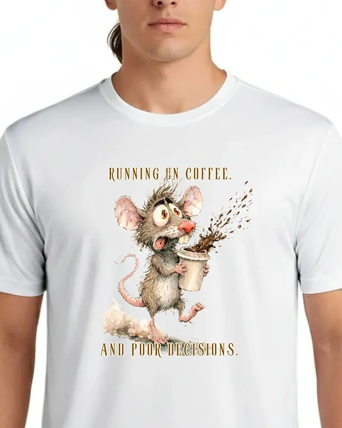 Hand-drawn black and white rat t-shirt β "Running on Coffee. And Poor Decisions." Rat Tee β view 4