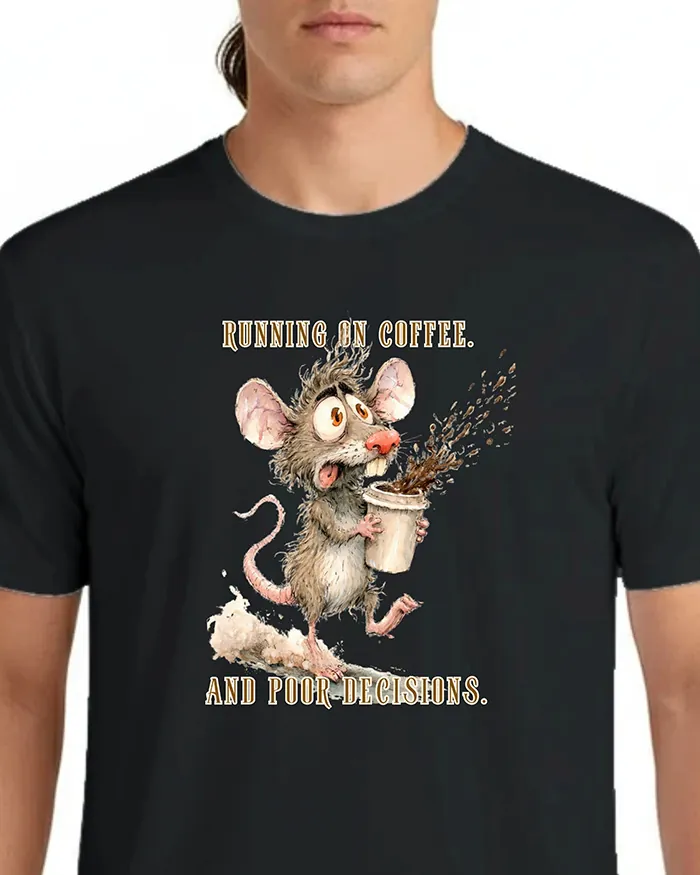 Hand-drawn black and white rat t-shirt β "Running on Coffee. And Poor Decisions." Rat Tee β view 5