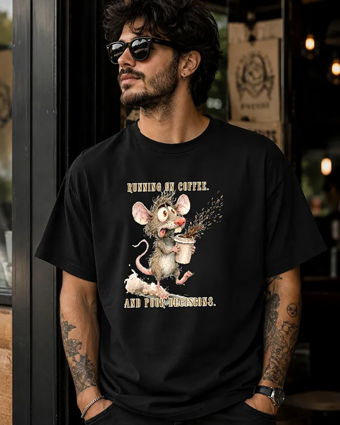 Hand-drawn black and white rat t-shirt β "Running on Coffee. And Poor Decisions." Rat Tee β view 8