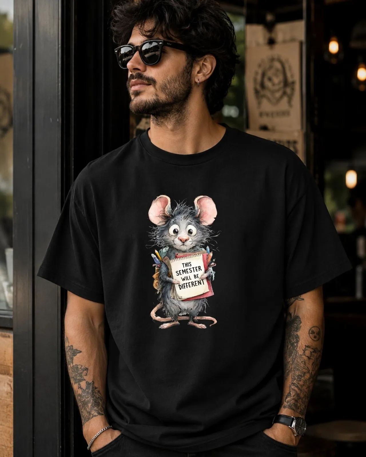 Hand-drawn black and white rat t-shirt β "This Semester Will Be Different" Rat Tee β Silly Rat Collection
