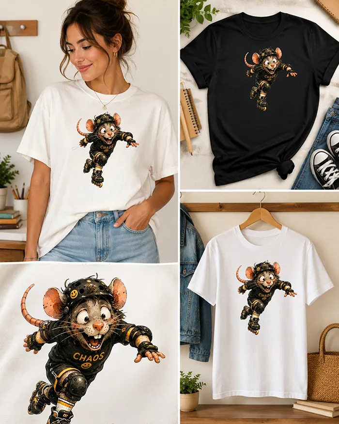 Hand-drawn black and white rat t-shirt β Chaos Skater Rat Tee β view 3