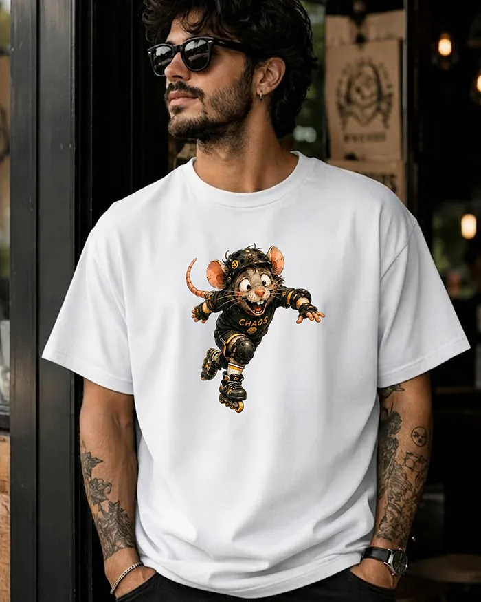 Hand-drawn black and white rat t-shirt β Chaos Skater Rat Tee β view 7