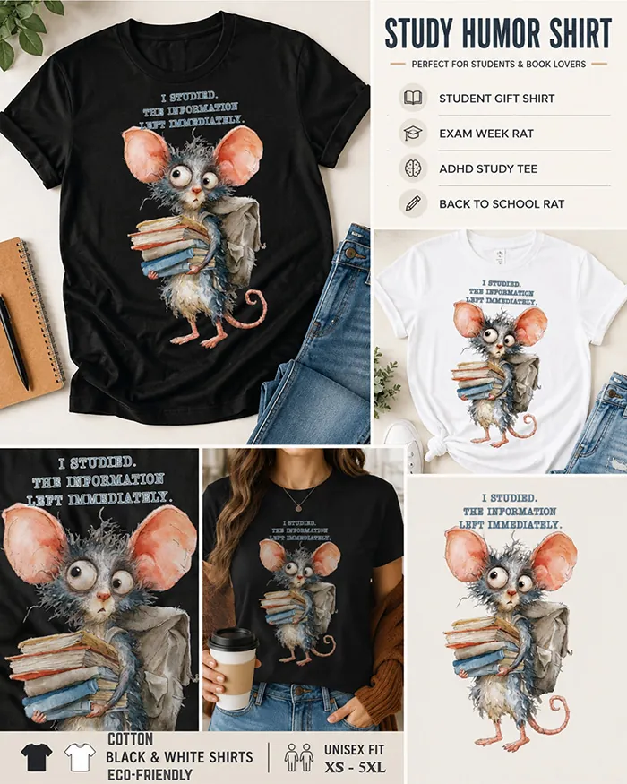 Hand-drawn black and white rat t-shirt β "I Studied. The Information Left Immediately." Rat Tee β Silly Rat Collection