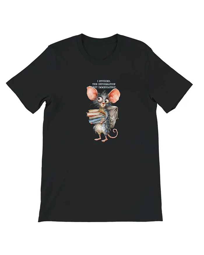 Hand-drawn black and white rat t-shirt — "I Studied. The Information Left Immediately." Rat Tee — view 10