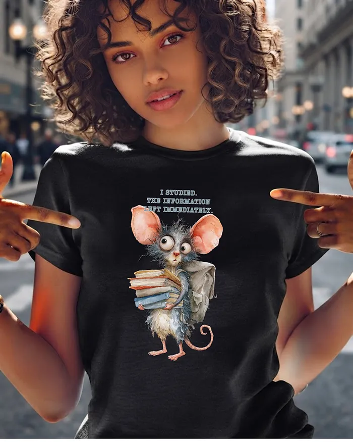Hand-drawn black and white rat t-shirt — "I Studied. The Information Left Immediately." Rat Tee — view 2
