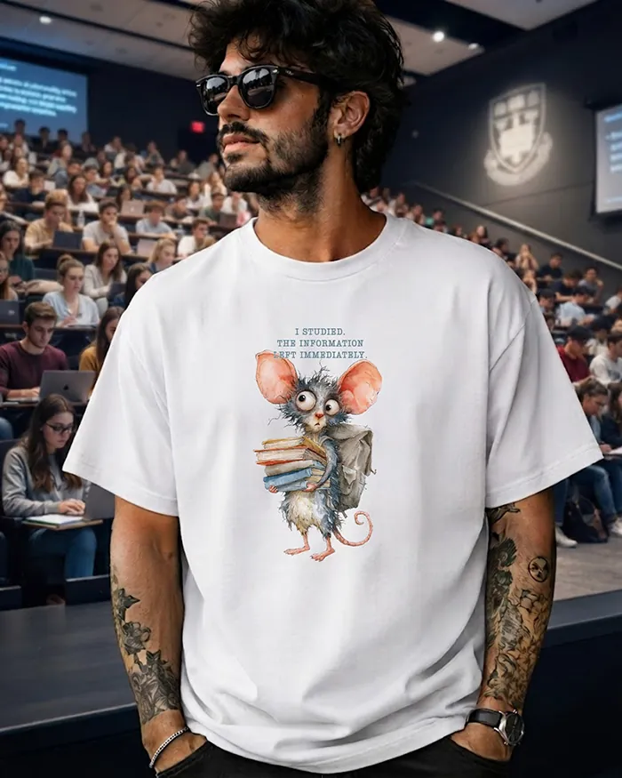Hand-drawn black and white rat t-shirt — "I Studied. The Information Left Immediately." Rat Tee — view 4
