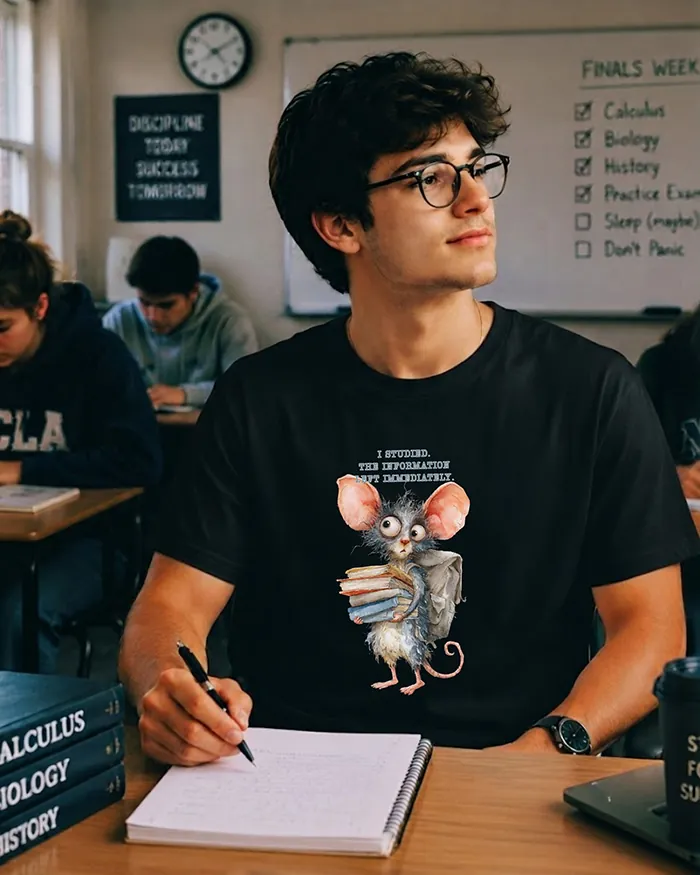 Hand-drawn black and white rat t-shirt — "I Studied. The Information Left Immediately." Rat Tee — view 5