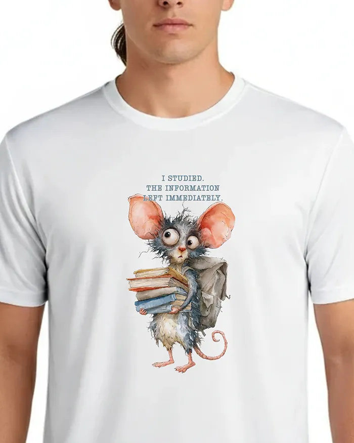 Hand-drawn black and white rat t-shirt — "I Studied. The Information Left Immediately." Rat Tee — view 7