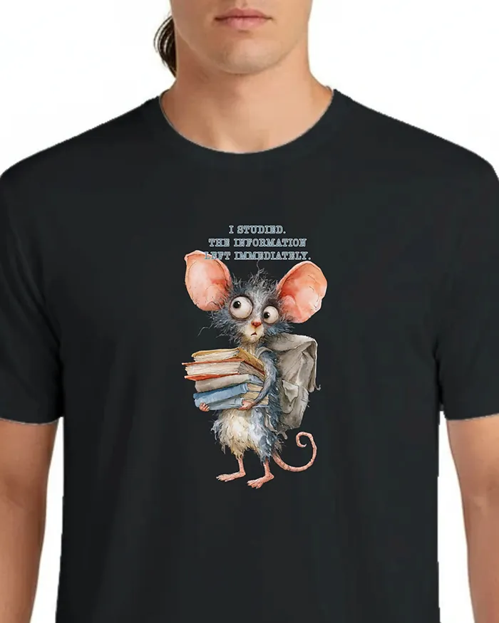 Hand-drawn black and white rat t-shirt — "I Studied. The Information Left Immediately." Rat Tee — view 8