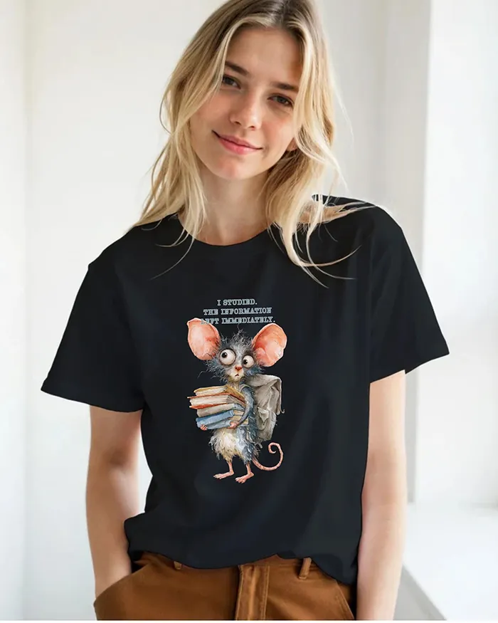 Hand-drawn black and white rat t-shirt — "I Studied. The Information Left Immediately." Rat Tee — view 9