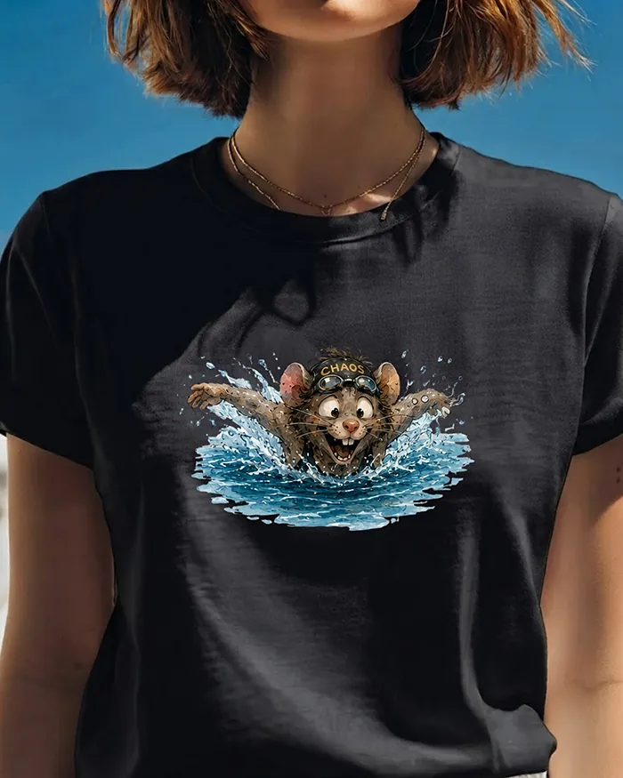 Hand-drawn black and white rat t-shirt β Chaos Swimmer Rat Tee β view 2