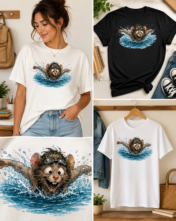 Hand-drawn black and white rat t-shirt β Chaos Swimmer Rat Tee β view 3