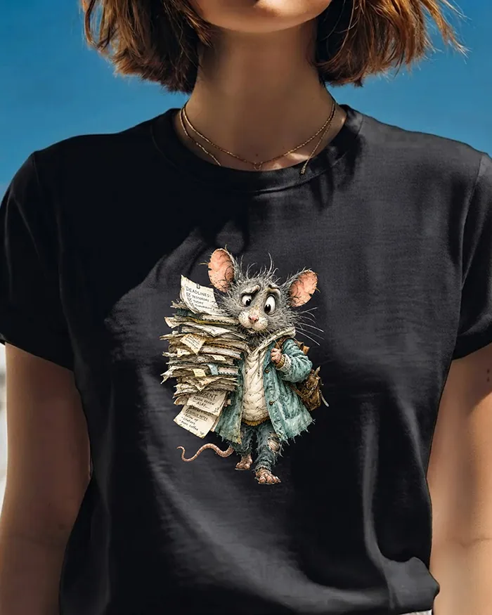 Hand-drawn black and white rat t-shirt β Overworked Teacher Rat Tee β view 2