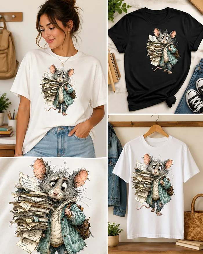 Hand-drawn black and white rat t-shirt β Overworked Teacher Rat Tee β view 3