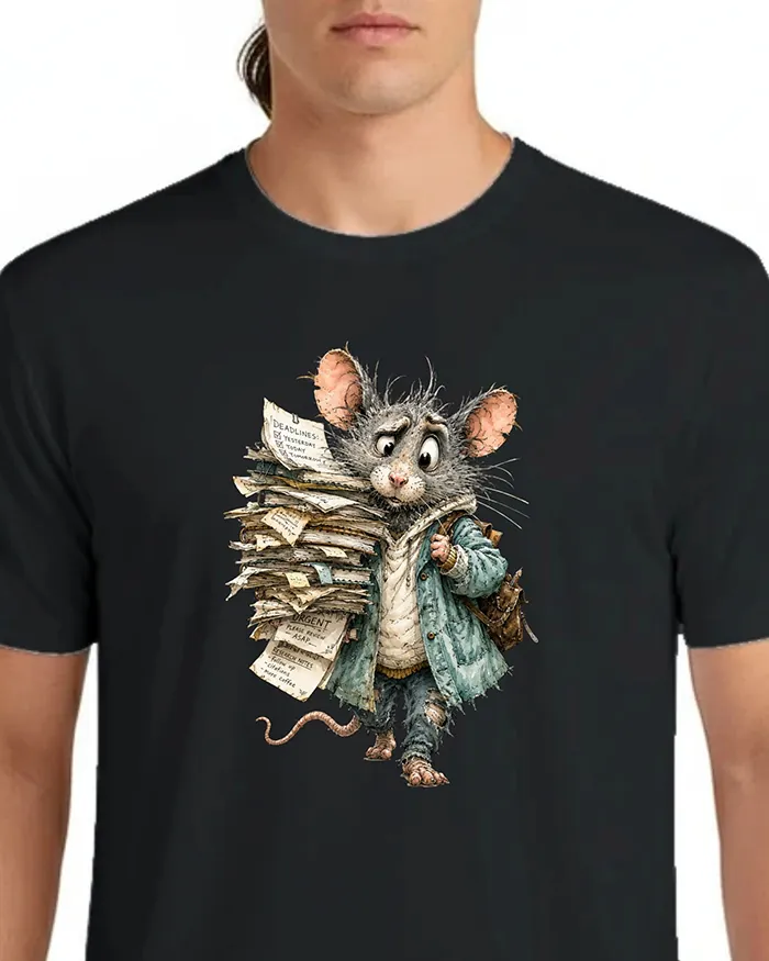 Hand-drawn black and white rat t-shirt β Overworked Teacher Rat Tee β view 5