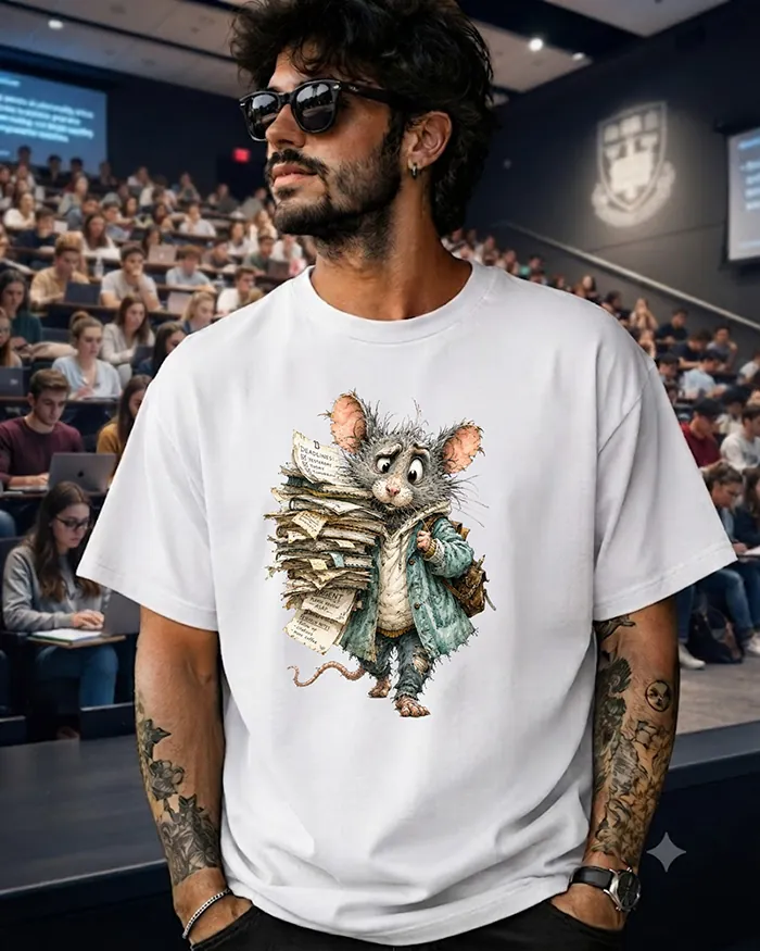 Hand-drawn black and white rat t-shirt β Overworked Teacher Rat Tee β view 8