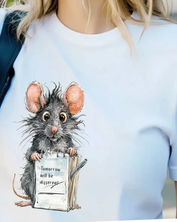Hand-drawn black and white rat t-shirt — "Tomorrow Will Be Different" Rat Tee — Silly Rat Collection