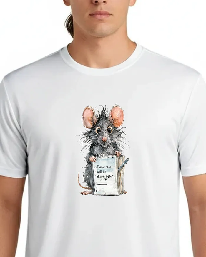 Hand-drawn black and white rat t-shirt — "Tomorrow Will Be Different" Rat Tee — view 3