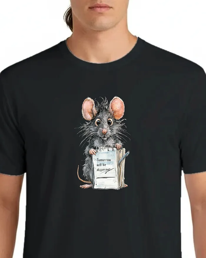 Hand-drawn black and white rat t-shirt — "Tomorrow Will Be Different" Rat Tee — view 4