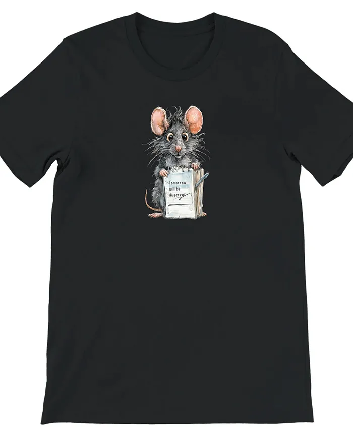 Hand-drawn black and white rat t-shirt — "Tomorrow Will Be Different" Rat Tee — view 5