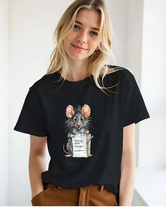 Hand-drawn black and white rat t-shirt — "Tomorrow Will Be Different" Rat Tee — view 6