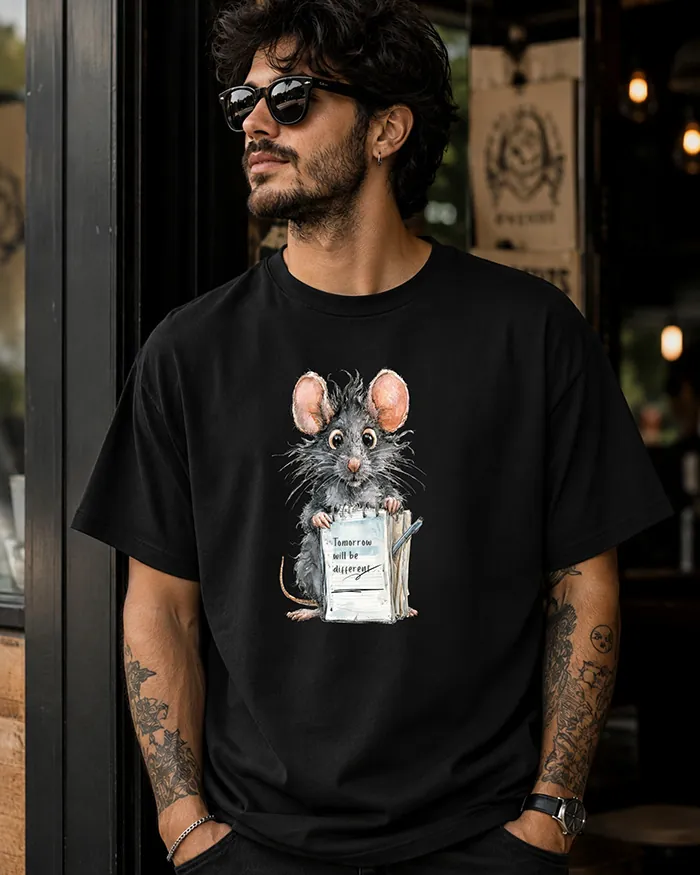 Hand-drawn black and white rat t-shirt — "Tomorrow Will Be Different" Rat Tee — view 7