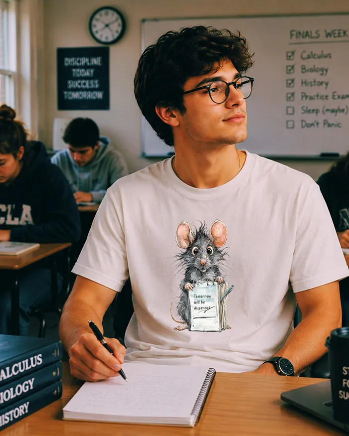 Hand-drawn black and white rat t-shirt — "Tomorrow Will Be Different" Rat Tee — view 8
